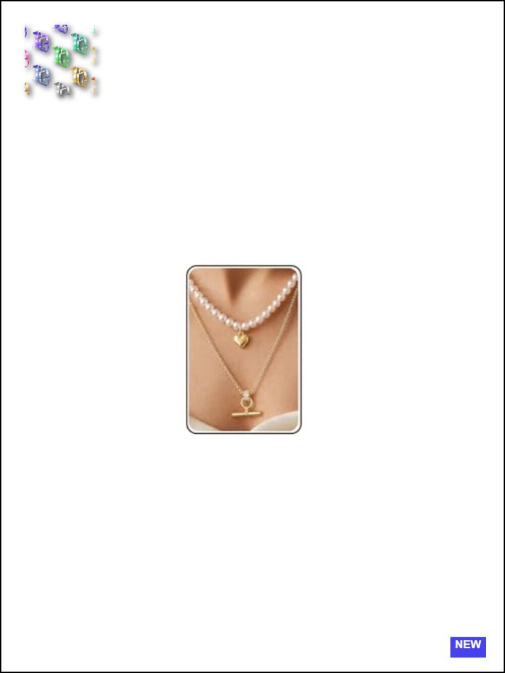 T-Bar Pearl Necklace Stack, Long Layered Gold Plated Heart Pendant Necklace Set